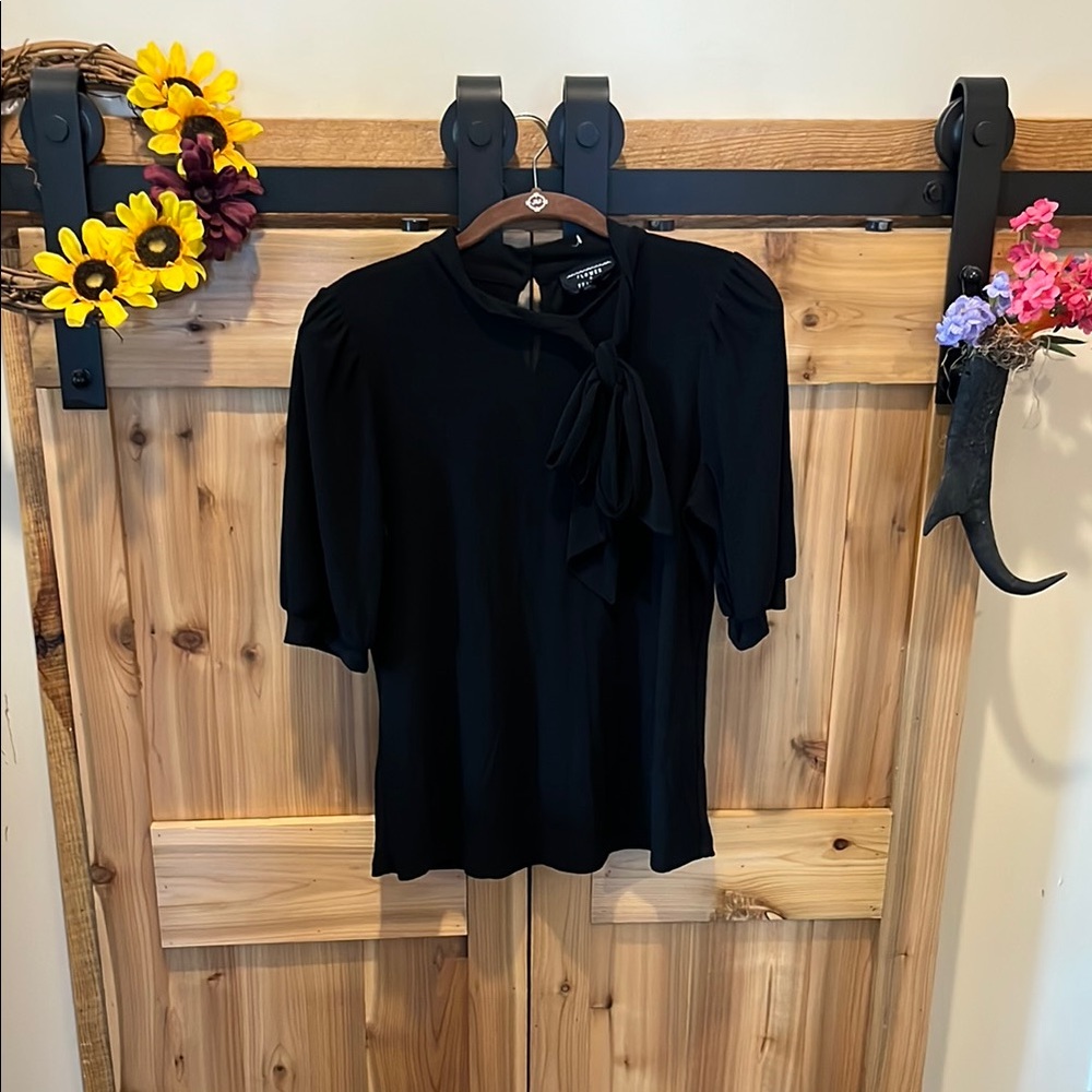 Feather & Flower Black Shirt with Bow Accent